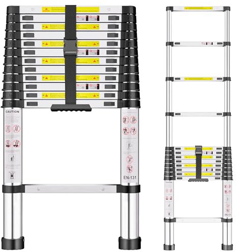 Telescopic Ladder, 3.8M Stainless Steel Thickened High-Strength Loft Ladder, Portable Ladders Extendable with Non-Slip Feet Adjustable Height for Roof Attic Caravans