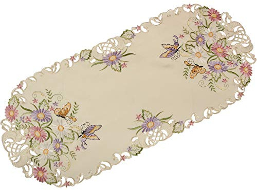 Quinnyshop Bunte Blumen Schmetterling Stickerei Tischläufer 40 x 90 cm Polyester, Ecru / Creme
