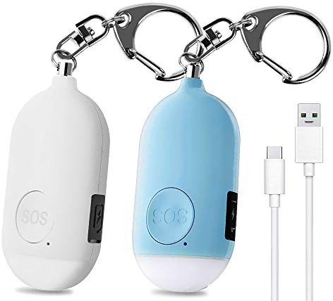 Shackcom 2 pcs 130 DB Alarme Personnelle d'urgence Rechargeable Alarme de Sécurité avec LED Lampe de Poche Torche Anti Agression pour Femme Enfants Personnes Agées Aventurier – Blanc+Bleu