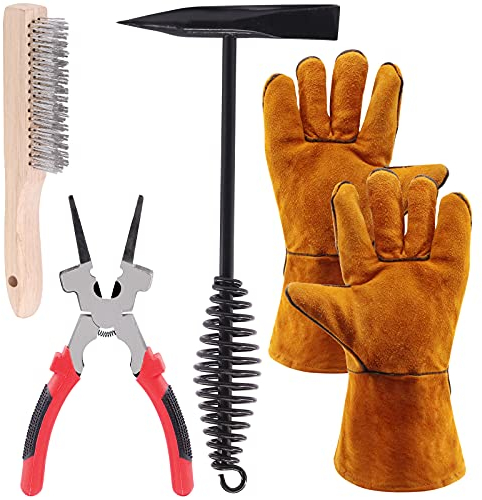 Glarks Juego de 5 herramientas de eliminación de escoria de soldadura, incluye martillo de soldadura de 10 pulgadas con mango de resorte helicoidal, cepillo de alambre y un alicates de soldadura de 10