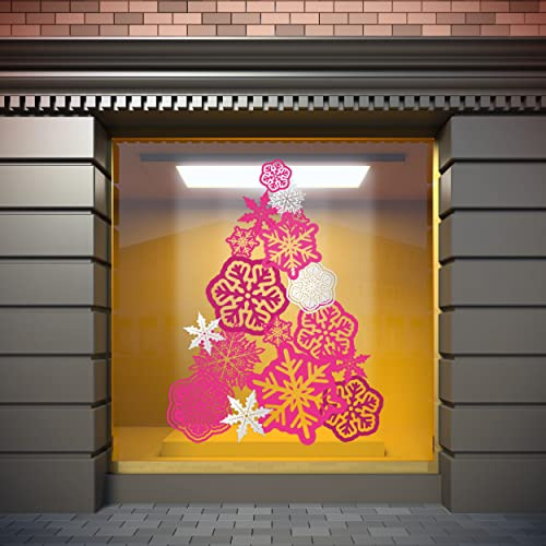Oedim Vinilo Adhesivo Transparente en Efecto Espejo Feliz Navidad Árbol Color Rosa | 76 x 100 cm | Vinilo Económico y Original | Vinilo Reserva de Blanco y Troquelado