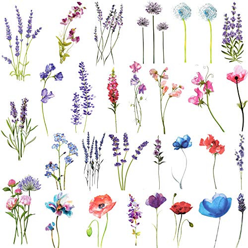 COKTAK 12 Blätter Aquarell Lavendel Temporäre Tattoos Frauen Erwachsene Bunt Winde Erbsenblume Edelwicke Fake Tattoos Blumen Hand Hals Temporary Tattoos Zum Aufkleben Auf Die Haut Aufkleber