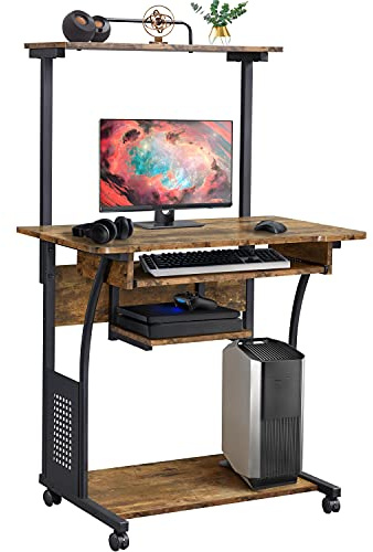Yaheetech Mesa Ordenador con Ruedas 3 Niveles de Estantería Marrón Rústico
