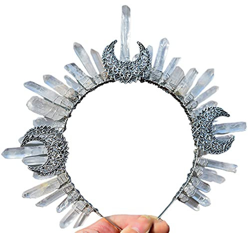 DAISHIAO Roher Kristall-Quarzschmuck Tiara Stirnband Metall Mond Hexe Zauberer Krone Haarband