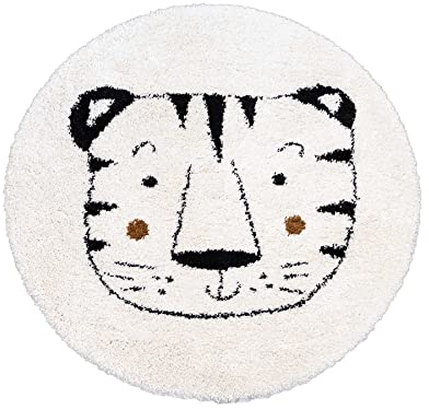 Primaflor Kinderteppich für Jungen und Mädchen - White Tiger Rund - 135 cm - Oeko-TEX Zertifiziert - Weicher Hochflor-Teppich fürs Baby- & Kinderzimmer - Hochwertiger Spielteppich