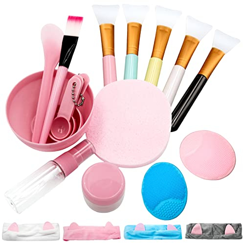 Episkey Pinceau pour Masque Visage, Pinceau Silicone Bandeau Cheveux Femme Maquillage et Bol pour Masques, set de Pinceaux pour Masque Facial pour Masques de Bricolage, Crème ou Maquillage (Rose)