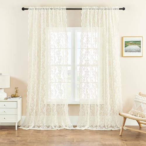 Elfenben spetsgardiner 234 cm långa 2 paneler vintage paisley blommor genomskinliga gardiner för vardagsrum flickor sovrum stång fickljus filtrering kräm shabby chic gardiner stora fönsterdekor