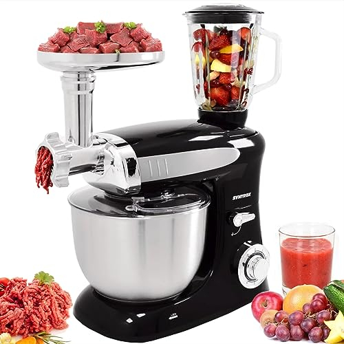Syntrox Küchenmaschine Deluxe Fleischwolf & Mixer, Rührmaschine mit Zubehör, Vielseitige Kochhilfe, Mixer und Fleischwolf in einem, 1300 Watt, 230 Volt (Schwarz)