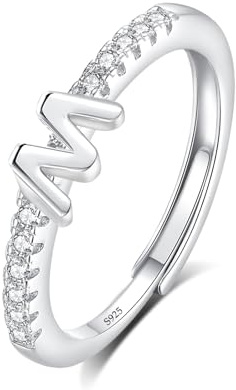 INFUSEU Anillo Inicial, 925 Plata De Ley Ajustable Letra M Anillos Apilables Alfabeto Mayúscula Joyería Personalizada Cumpleaños Regalo Dama Mujeres Niñas
