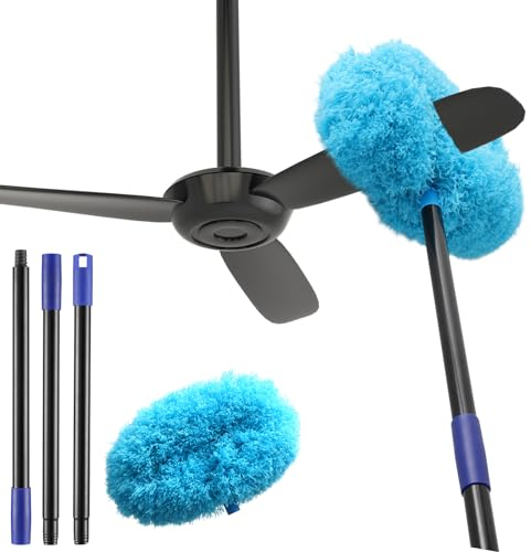 Ceiling Fan Cleaner Duster, 210cm Fan Cleaner Duster High Ceiling, Microfiber Reusable Ceiling Fan Blade Cleaner with Extension Pole for Cleaning Wall Bookshelves Furniture Door Window Top, Blue