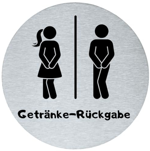 Stahl-Design Tebart WC Piktogramm rund 7,5 cm aus Edelstahl – graviertes Hinweisschild „Getränke-Rückgabe“ – selbstklebend mit 3M Klebefläche – elegante Edeloptik & langlebige Türbeschilderung