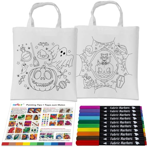SNEILJOY Kinder Bastelset mit 2 Tragetaschen (2 Halloweendesigns) & 10 waschfeste Textilmarker, DIY Bastelset für Kinder ab 6 Jahren, Ideal für Übernachtungsfeiern und Feiertage