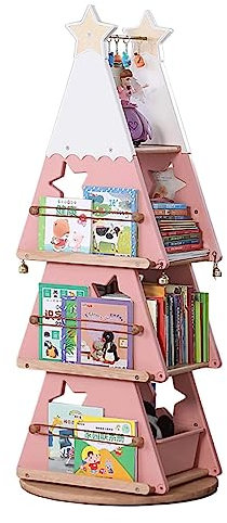 Bücherturm Freistehend Stehendes Bücherregal aus Massivholz, 360° drehbares Bücherregal, 5 Etagen, Bücherregal, Kinderzimmer, großes Fassungsvermögen, Bücherregal-Organizer perfekte Darstellung