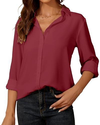 YAMANMAN Damen-Hemd mit Knopfleiste, langärmelig, klassischer Kragen, für Arbeit, Büro, Freizeit, Chiffon-Bluse, Rosenrot, X-Groß