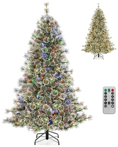 COSTWAY Árbol de Navidad Verde 180 cm, Arbol de Navidad con Luces Incorporadas, 350Luces LED Multicolor, 9 Modos, 42 Piñas y Frutos Rojos, Control Remoto, Arvore de Natal Automático Fiesta