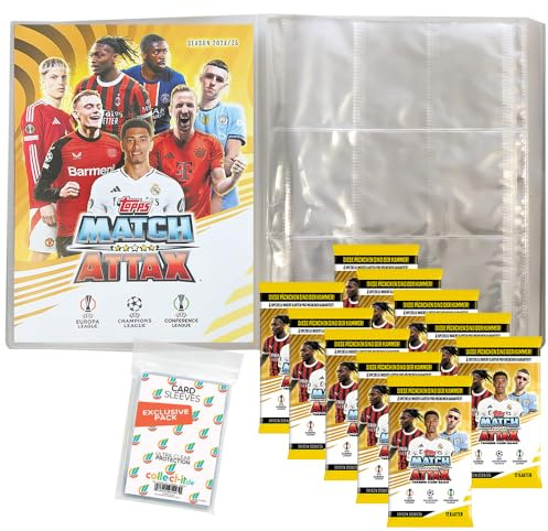 Bundle mit Match Attax Champions League 2024/25 - Trading Cards - 1 Leere Sammelmappe + 10 Booster + Exklusive Collect-it Hüllen