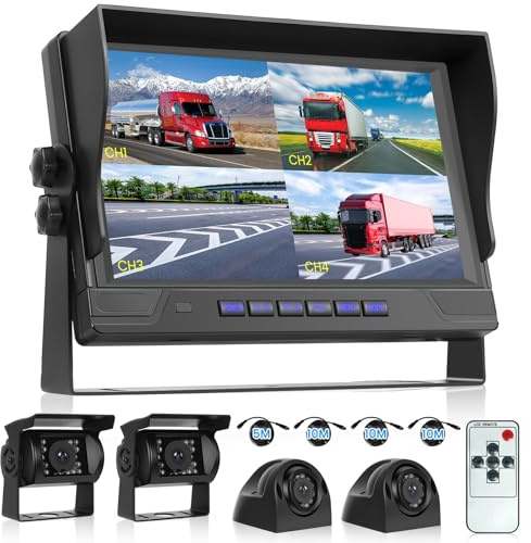 RV Backup Camera System 1080P, Hodozzy 9 Inch 4 Split Screen Monitor System, Waterproof 4 Reverse Cameras Night Vision Reversing Camera Kit for Car Truck/Trailer/Bus Truck/RV, DVR Loop Recording