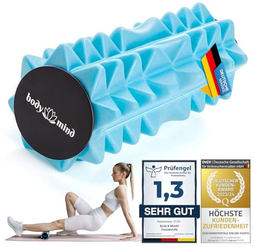 Body & Mind® Mini-Faszienrolle – Kompakte Massage-Rolle für gezieltes Faszientraining; Ideal für Füße, Hände, Knie Nacken, Rücken, Beine & weitere Muskelgruppen; 15 x 6 cm (Blau)