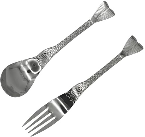 Pinenjoy 2Pcs Fishtail Handle Spoon and Fork Silver 18/10(304) Stainless Steel 7.5inch Asian Soup Spoon Dinner Fork Set for Porridge Cereal Salad Spaghetti