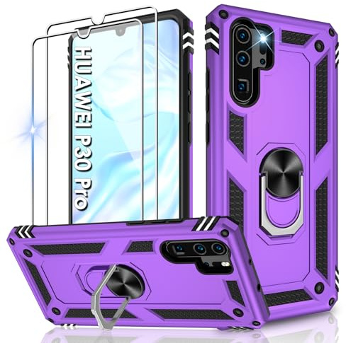 Jshru Handyhülle für Huawei P30 Pro Hülle Militärische Stoßsichere Schutzhülle mit Displayschutzfolie,360° Metall Ring Ständer TPU Bumper Aufprallschutz Case für Huawei P30 Pro,Lila