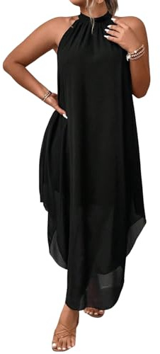 SweatyRocks Damen Kleid Große Größen Ärmellose Sommerkleider Neckholder Kleider Asymmetrischer Saum Blusenkleid Curvy Lang Tunika Freizeitkleid Schwarz 1XL
