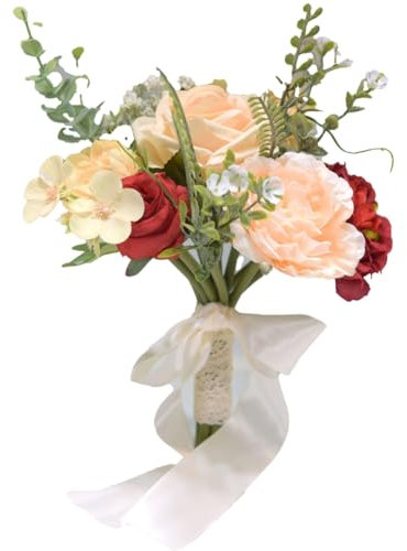 Wisafory Bouquet da sposa fatto a mano, bouquet da sposa, damigella d'onore, bouquet di rose artificiali, vintage, decorazione da tavolo, decorazione da sposa, colore rosso
