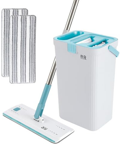 Set di secchio per mocio rotante con strizzatore rotante a 360 gradi e 2 panni in microfibra con manico telescopico facile da premere con centrifuga a secco, set in microfibra per la pulizia della