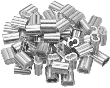 uxcell 1/4(6mm) Aluminum Crimping Loop Sleeve, Double Hole Cable Ferrule for Wire Rope, Silver 60Pcs