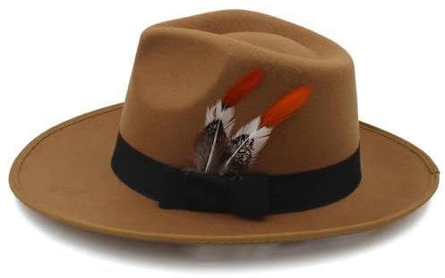 AAIXXIZAO Fedora Trilby Filzhut Hut Männer Frauen Panama Hüte Breite Krempe Fedora Mützen Feder Sonnenhut Party Street 57-58Cm Khaki