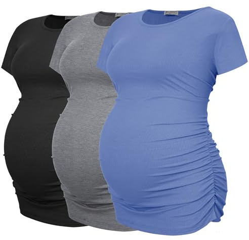 Smallshow Women's Maternity Clothes Ribbed Side Ruched Pregnancy Tops 3 Pack,Black-Blue-Light Grey,XL