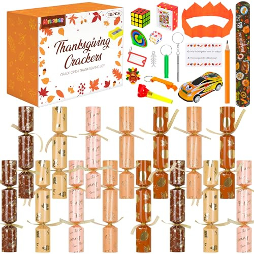 15 Pack Thanksgiving Crackers, Five Style Thanksgiving Party Favors, No Snap No Popping Pumpkins Design Holiday Crackers with Dice Hats and Gifts for Thanksgiving Table Decor Games for Family