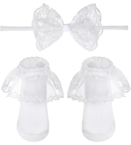 HekouJiub Baby Socken Lolita Rüschen Socken und Stirnband Set Weiß Baumwolle Söckchen mit Rüschen Spitze Baby Rüschensocken und Schleife Haarreifen Elastische für Kleinkind Mädchen (0-12 Monate)