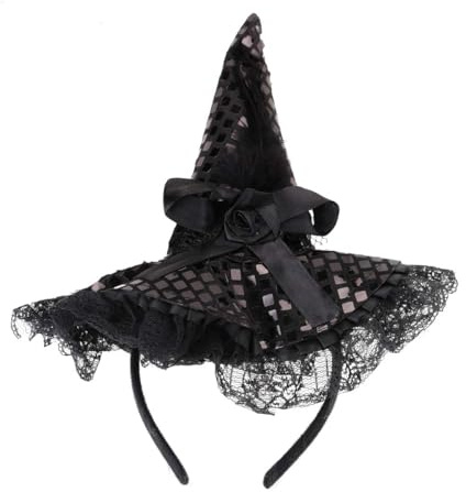 Hexenhut Haarreif Halloween, Hexen Kopfschmuck Hexen Hut Stirnband mit Pailletten Spitze Schleife, Haarreif mit Hexenhut, Hexenzubehör für Damen Mädchen Halloween Karneval Rollenspiel (Schwarz)