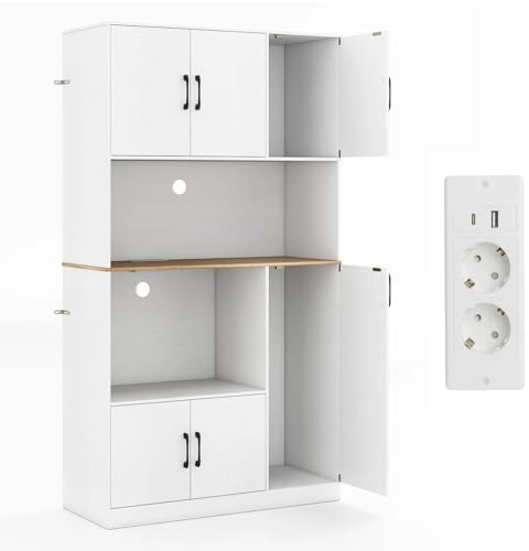 KOMFOTTEU Armario Alto de 180 cm con Estación de Carga, Aparador de Cocina con Puertas y Encimera para Microondas, Mueble de Almacenamiento Buffet para Comedor, Baño (Blanco)