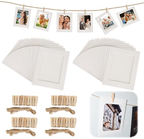 40 Stück Fotogirlande, Fotoleine mit Klammern Weiß Papier Bilderrahmen 10 X 15 cm Hängende Wanddekoration mit 40 Stücke Clips und 4 Stücke Seile für DIY Dekoration bei Geburtstag Hochzeit Party