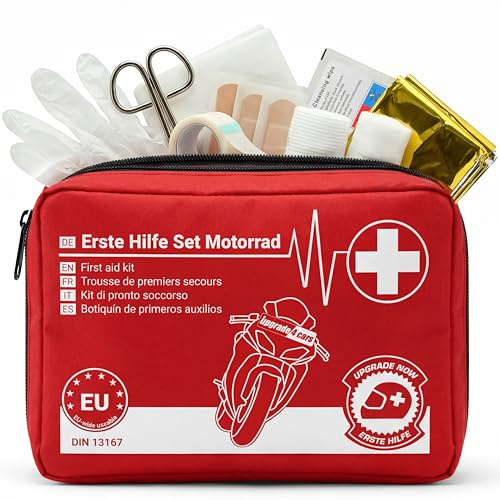 Upgrade4cars Botiquín Primeros Auxilios Moto 2026 DIN 13167 Set Botiquín Válido en Toda Europa | Bolsa Botiquín según Norma Actual
