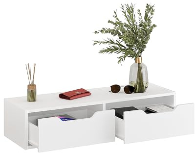 Komto Floating Wall Shelf with 2 Drawers – White Wall Shelf Unit, Wall Mounted Shelf for Bedroom, Living Room or Hallway, Bedside or Dressing Table with Drawers | NOKA 100 x 32.5 x 22 cm
