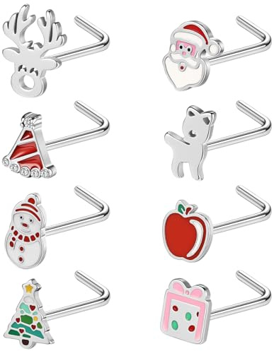 ZS 8Pcs 20G Stainless Steel Christmas Nose Rings, Christmas Tree Snowflake Elk Nostril Jewelry Silver, Christmas Corkscrew Nostril Studs L Shape Nose Rings For Women