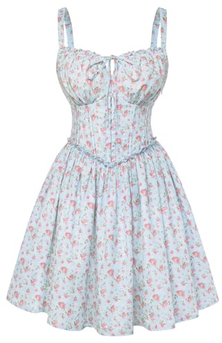 Scarlet Darkness Floral Corset Dress for Women 2026 Summer Sundress Lace Up Mini Milkmaid Dresses with Pockets