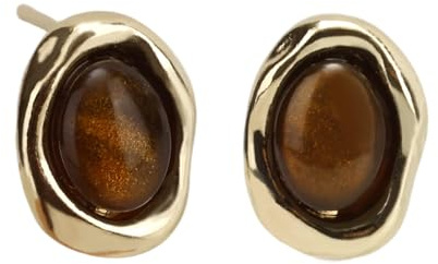 Mikovivi Orecchini Occhio di Tigre Bottone per Donna, Orecchini Vintage con Pietre Preziose Marroni Pietra Ovale in Occhio di Tigre con Montatura Circolare Irregolare Gioielli Boho per Compleanni