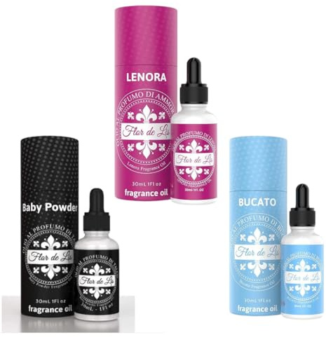 Tris Profumazioni Flor De Lis – Profumo per Asciugatrice al Talco + Profumo per Bucato + Lenora essenza di Ammorbidente – Oli Profumati Multiuso per Tessuti e Ambiente