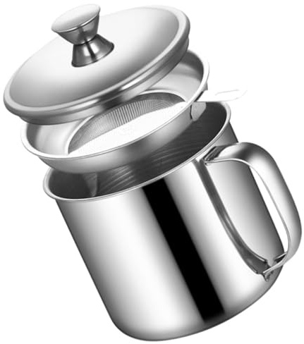 IWOWHERO Contenedor de Grasa de Cocina 1.3l de Acero Inoxidable 304 con Colador de Malla Fina y Mango, Recipiente para Filtrar Aceite Usado y Grasa de Tocino, Apto para Uso Doméstico