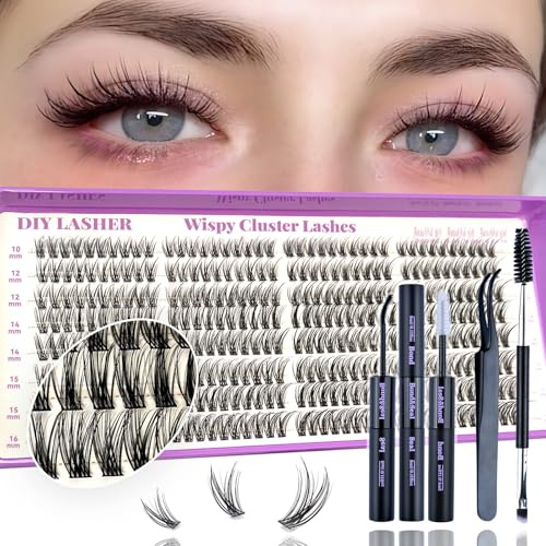 Cluster Lashes Kit Wispy Individual Eyelashes 320pcs 10-16mm Natural False Eyelashes DIY Lash Extension Kit C Curl with Brushes Bond Seal Tweezers for Daily Wear Parties