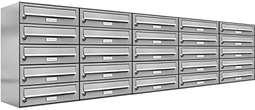 AL Briefkastensysteme 25er Briefkastenanlage Edelstahl, Premium Briefkasten DIN A4, 25 Fach Postkasten modern Aufputz