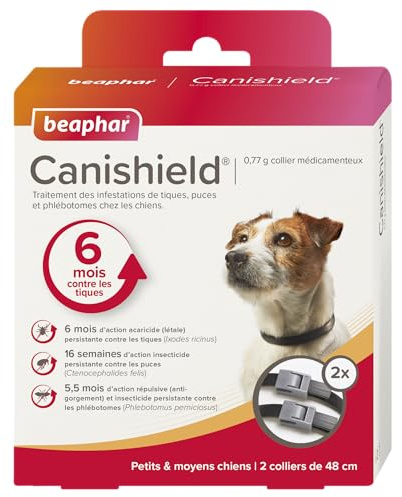 Beaphar - CANISHIELD 0,77 g – Lot de 2 Colliers antiparasitaires pour Petits et Moyens Chiens – Substance Active : Deltaméthrine - Agit Contre Les tiques, Les puces, Les phlébotomes – 48 cm