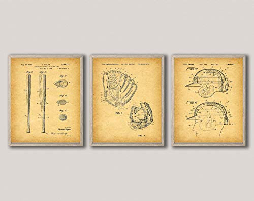 WallBUddy Baseball Bat Baseball Glove Baseball Helmet Patent Prints WB449-451 (40cm x 50cm, Vintage)