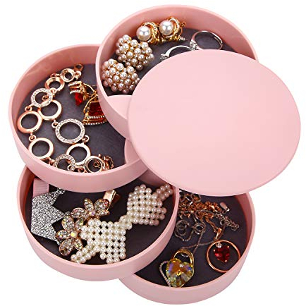 Ulikey Boîte à Bijoux Ronde, Trousse à Bijoux de Voyage de Rangement, 4 Niveaux Jewelry Stockage Cas pour Bagues Boucles d'oreille Colliers Bracelets (Rose)