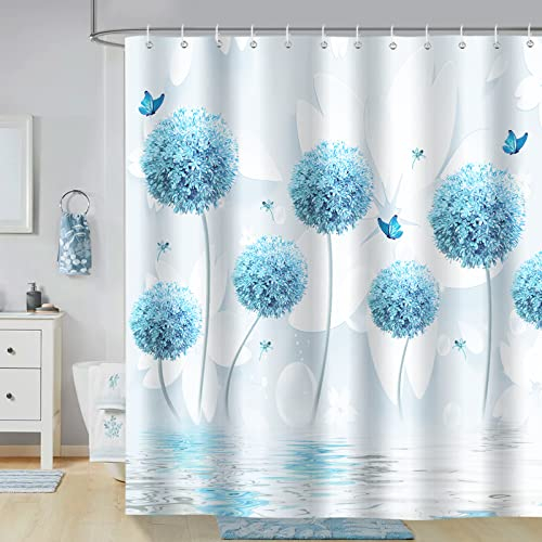 Bonhause Cortina de Ducha Diente de León Azul Flores y Mariposas 180 x 180 cm Cortina de Baño de Poliéster Impermeable Antimoho Lavable Cortina Ducha con 12 Ganchos