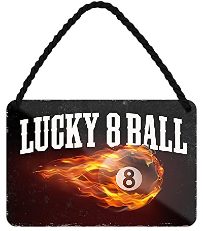 Lucky 8 Ball Metallschild - Blechschild mit Kordel und Saugnapf - Retro Deko Schild für Billardzimmer Billard Club Verein Partyraum - Billard Zubehör Accessoire - Geschenk Billardspieler - 18x12cm
