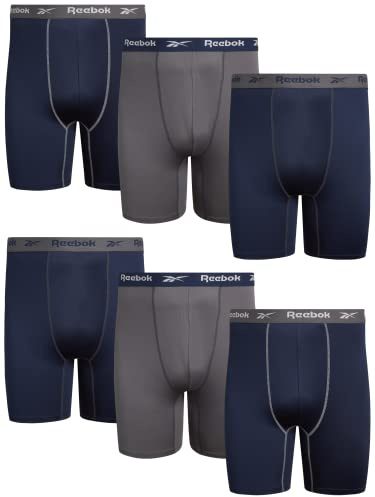 Reebok Mens Boxer Briefs - 6 Pack 9'' Inseam Performance Compression Underwear for Men - Soft Mens Long Leg Boxer Briefs, Size 3X-Large, Navy Blue/Charcoal/China Blue